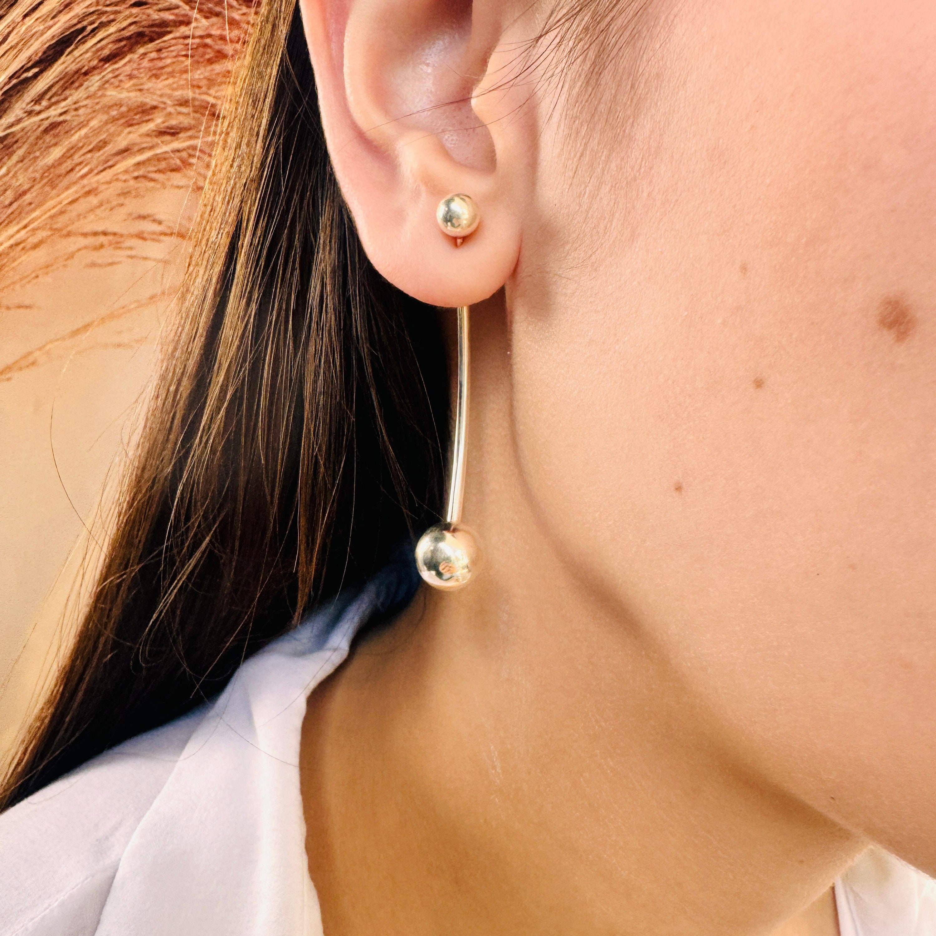 Minimalist Double Ball Long Bar Drop Earrings